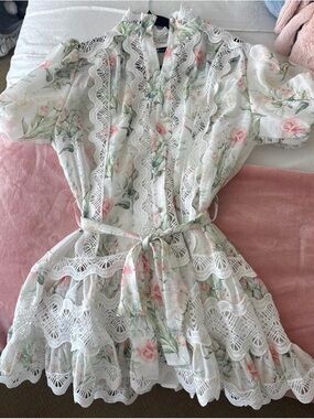 Floral Lace Trim Ruffled Belted Dress - White with Pink & Green